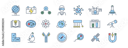 Set of 20 science line icons with color fill. Includes globe, battery, molecule, virus, telescope, DNA, cells, atom, and scientific tools. Designed in a clean and minimal style. Vector illustration.