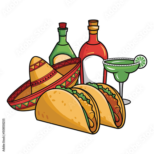 Tacos Mexican food and drink, and Sombrero hat vector illustration