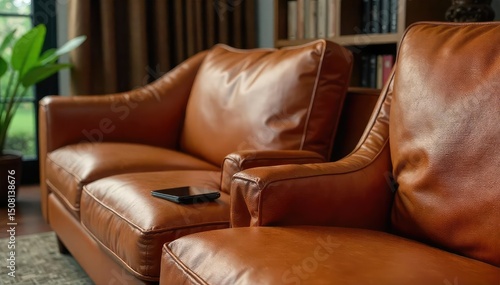 Close-up shot of luxurious, supple leather interior design elements  Rich textures and warm tones create a sophisticated and inviting atmosphere for a home or office space ,  upholstery,  material
