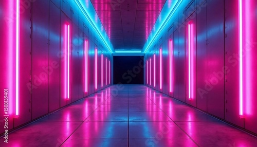 The interior of a sci-fi futuristic modern retro alien dance club surrounded by neon lights and glowing electrical devices glinting in a dark, empty, grungy, concrete reflection corridor background