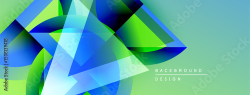 Abstract geometric shapes overlap, creating vibrant blue, green gradients. Background suggests modern design elements, clean aesthetic.