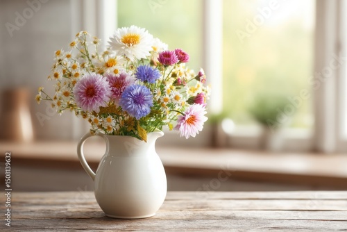 Wallpaper Mural Colorful wildflower arrangement in a white pitcher on a wooden table near a bright window during daylight Torontodigital.ca