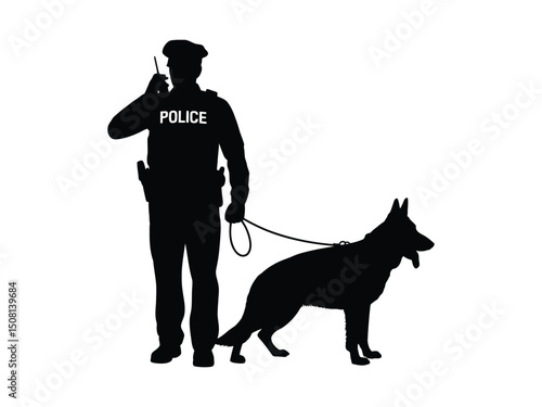 Police officer silhouette with german shepherd dog