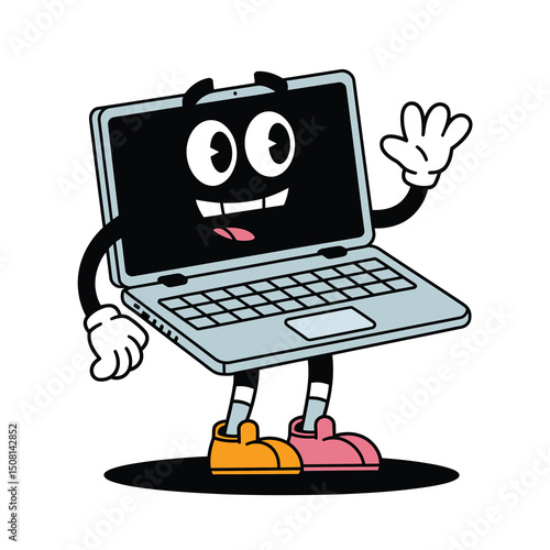 vector flat cartoon funny laptop humanized male character with arms, legs and face showing thumbs up smiling . Isolated illustration on a white background.