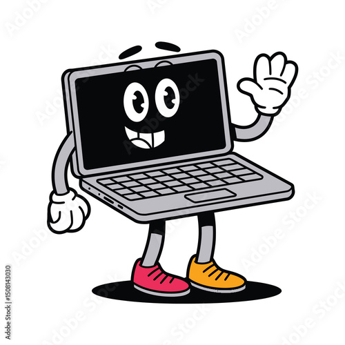 vector flat cartoon funny laptop humanized male character with arms, legs and face showing thumbs up smiling . Isolated illustration on a white background.