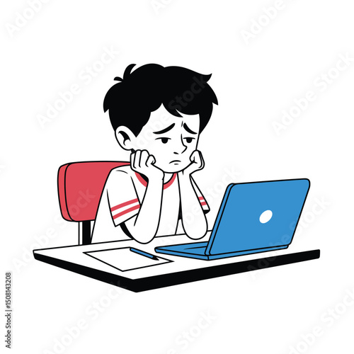 Stressed cartoon boy with low battery icon
