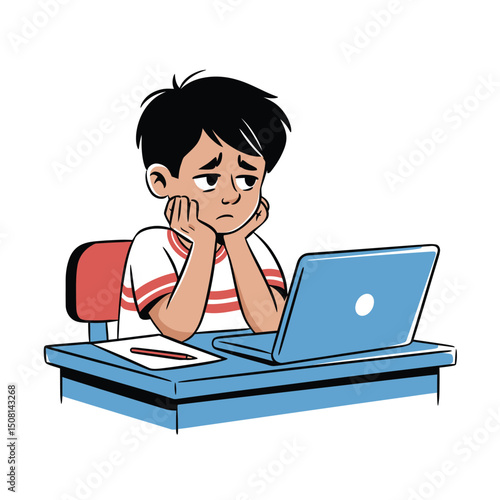 Stressed cartoon boy with low battery icon
