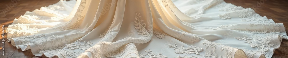 Obraz premium A breathtaking wedding gown, intricate lace details, flowing skirt, elegant train Perfect for bridal magazines, websites, and blogs , wedding inspiration, clothing