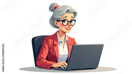 Illustration of an older woman working on a laptop, showcasing modern technology and active lifestyle