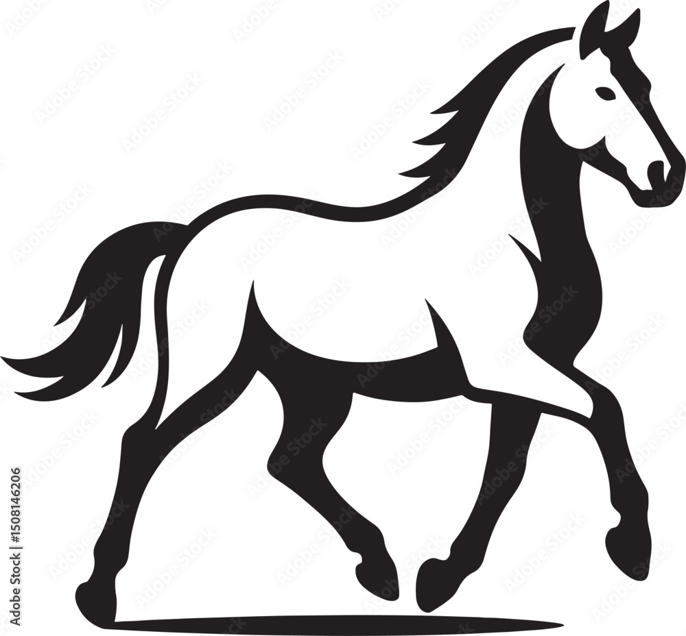 Obraz premium Running horse black white powerful outline, Bold horse in stride silhouette