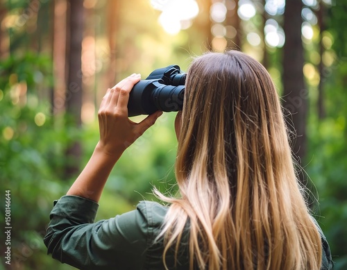 Woman with long blonde hair using binoculars in a forest