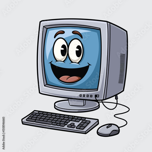 Cartoon groovy computer character or comic retro PC with funky funny face, vector 70s comic art. Groovy retro PC computer with keyboard and happy smiling face on screen display for hipster