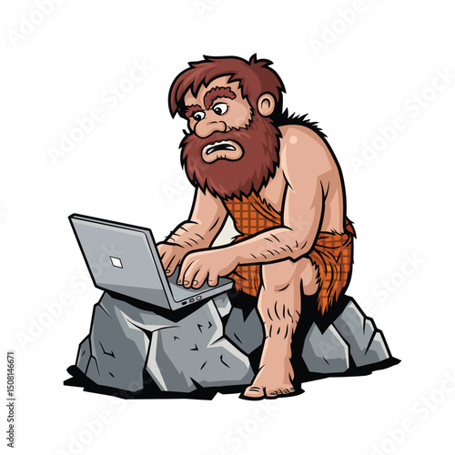 Cartoon caveman using a laptop. Vector clip art illustration with simple gradients. All in a single layer.
