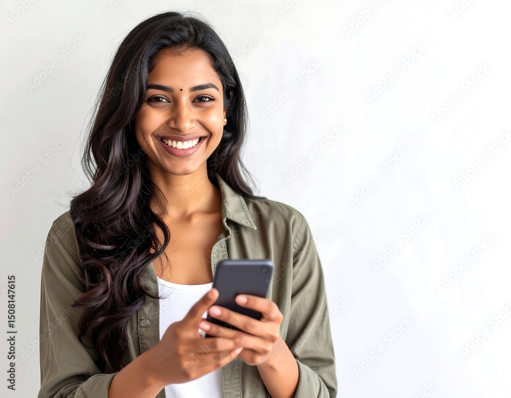 Woman smiling at phone Woman smiling at phone