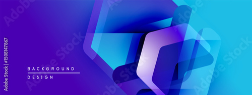 Abstract geometric shapes overlap, creating vibrant blue, purple gradients. Modern design suggests technology, innovation, dynamic energy.