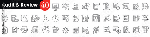 Financial audit and review icons set with graph, calculator, and document illustrations. Vector illustration