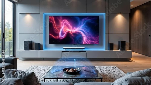 Modern Home Theater Setup with Large Screen and Surround Sound Speakers