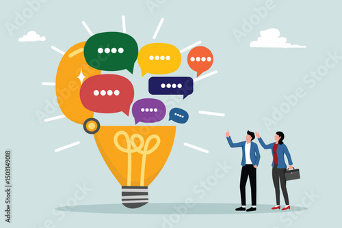 Discussion, conversation, meeting, team communication. Open lightbulb to see speech bubbles.