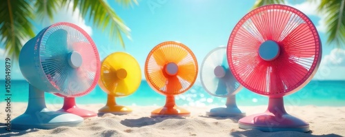 A refreshing summer scene featuring multiple vibrant fans providing a cool breeze  Perfect for illustrating heatwave relief, summer activities, or staying cool in hot weather , device, vacation