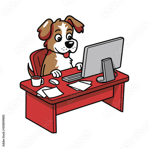 Cute Dog Working at a Computer
