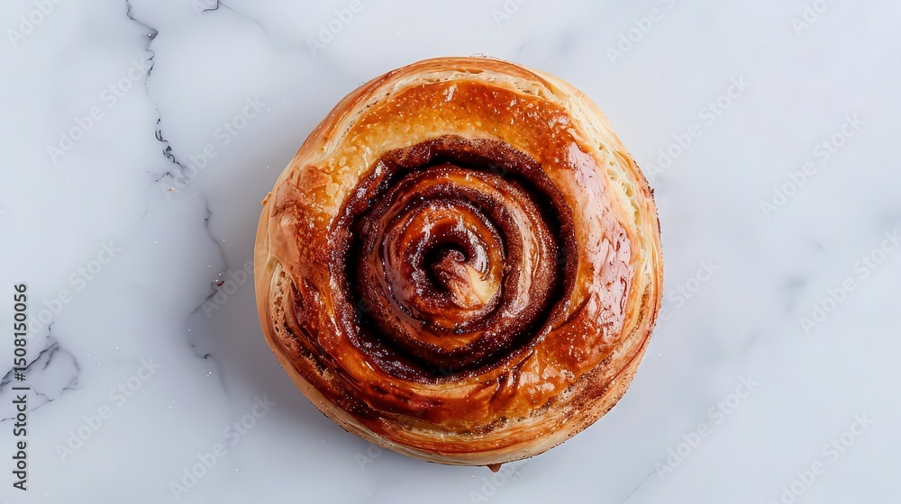 Obraz premium Overhead view of a glazed cinnamon roll on a white marble surface with swirling brown filling