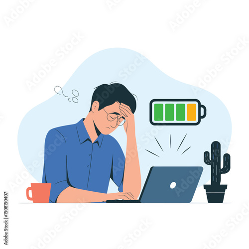 Exhausted man sits at desk with hand on head, working on laptop, low battery icon above, flat style, blue background, concept of burnout. Vector illustration