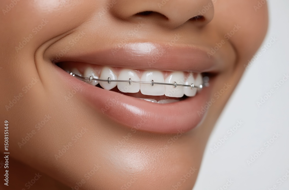 Fototapeta premium Bright smile showcasing dental braces in a close-up portrait capturing joy and confidence during an orthodontic journey