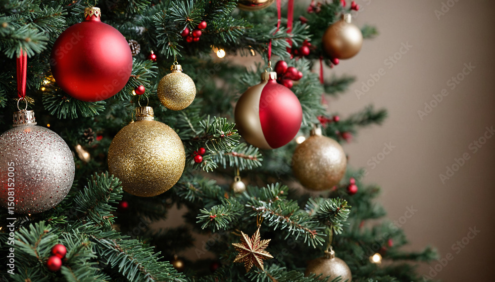 Fototapeta premium festive christmas tree with decorative ornaments, close up fir tree at home indoor