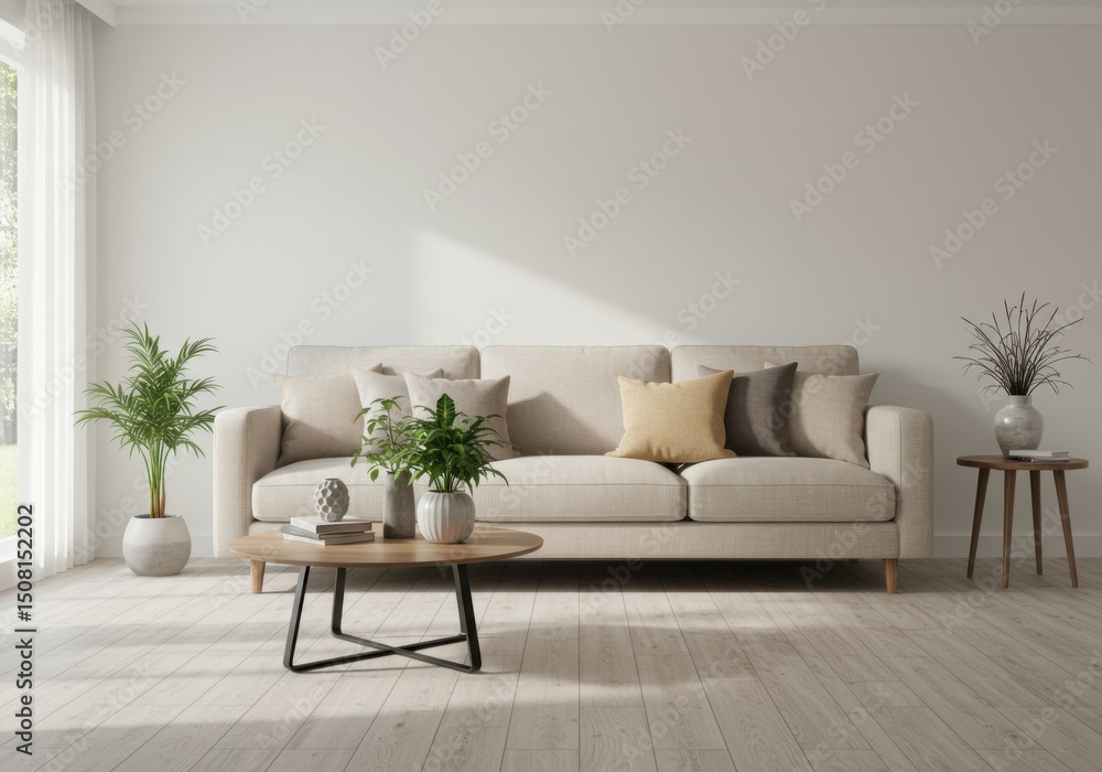 Fototapeta premium Modern minimalist living room interior design with beige sofa