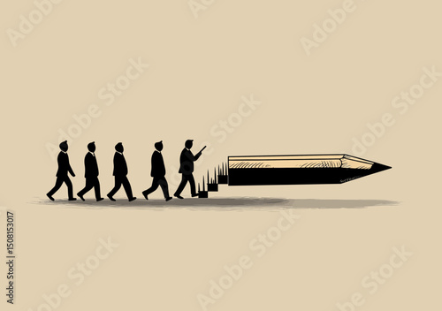 Business leader directing team climbing stairs drawn from giant pencil tip symbolizing career growth success motivation and leadership strategy concept vector illustration