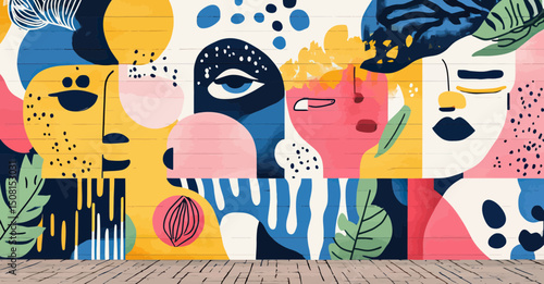 Colorful abstract urban mural with stylized human faces, geometric shapes, and natural leaf elements on street wall art design in flat minimalist style