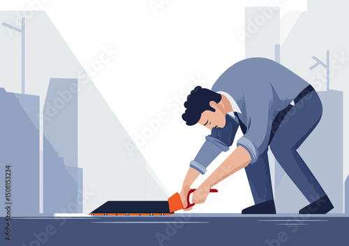 Frustrated businessman cutting hole in wooden floor with handsaw causing self sabotage failure and risky mistake concept flat vector illustration