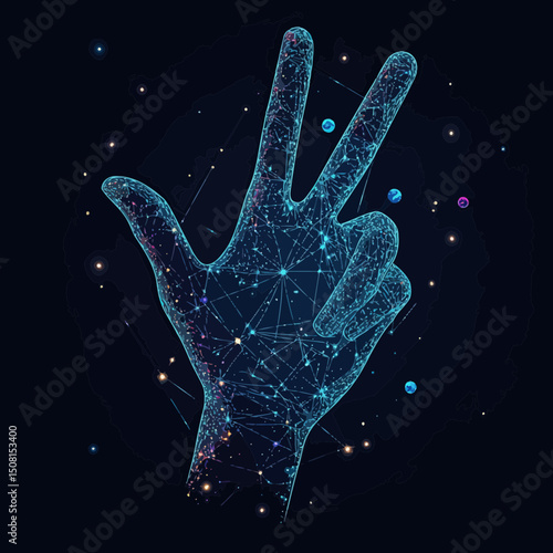Digital wireframe hand gesture showing peace sign with interconnected glowing nodes and starry cosmic background in futuristic style vector illustration