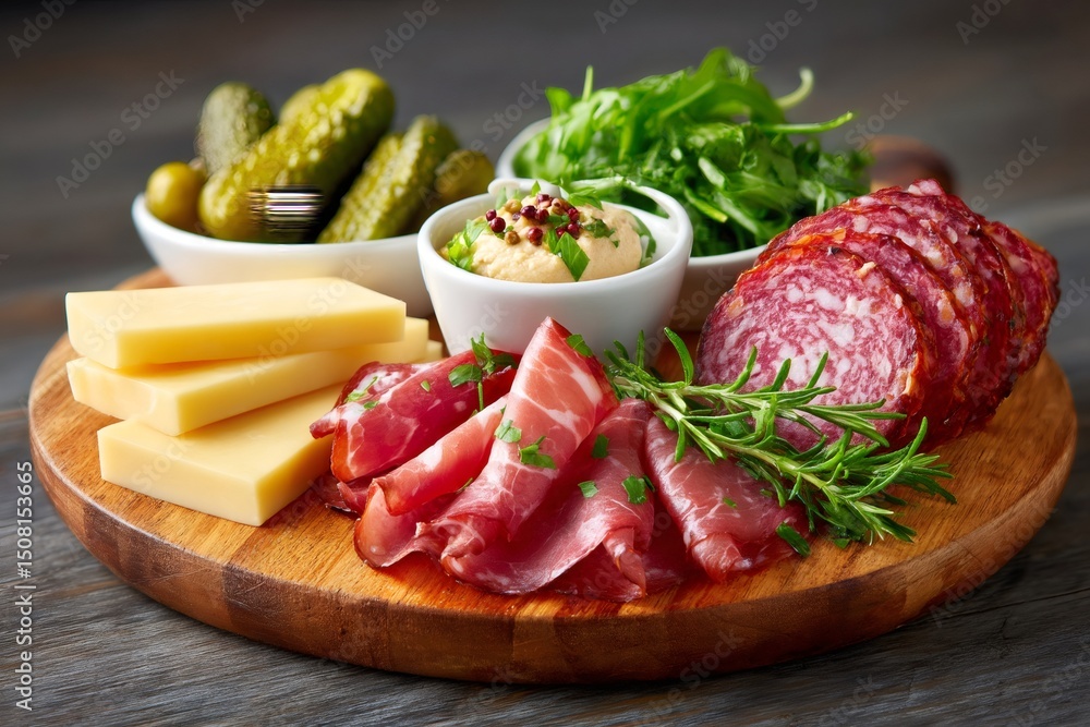 Wooden cutting board presenting salami, cheese, pickles, sauce and arugula Wooden cutting board presenting salami, cheese, pickles, sauce and arugula
