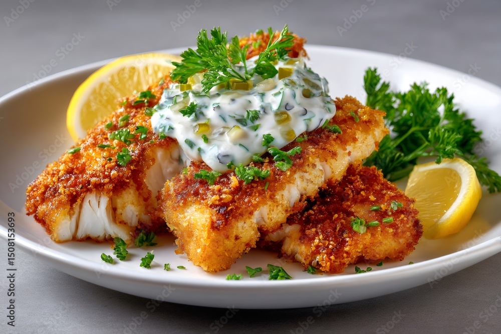 Breaded fried fish fillets with tartar sauce, lemon and parsley topping Breaded fried fish fillets with tartar sauce, lemon and parsley topping
