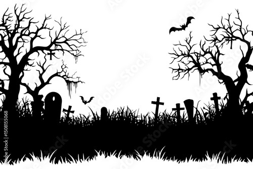 Spooky graveyard silhouette with bats and trees on white background.