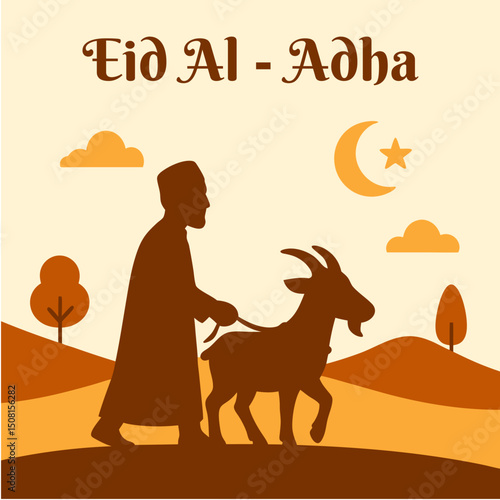 Happy Eid al-Adha, with a picture of a Muslim leading a goat, vector illustration