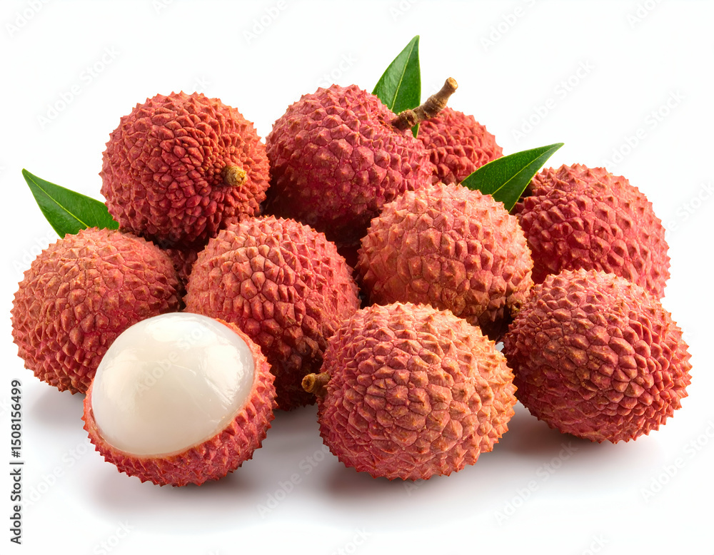Vibrant Lychees A Collection of Fresh, Red, Textured Lychee Fruits Isolated on White Vibrant Lychees A Collection of Fresh, Red, Textured Lychee Fruits Isolated on White