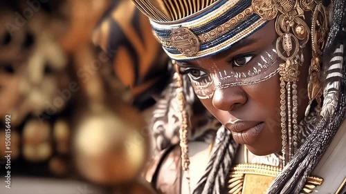 African woman adorned with tribal jewelry and ornate headwear, exhibiting traditional facial markings and a regal aesthetic against patterned backdrop