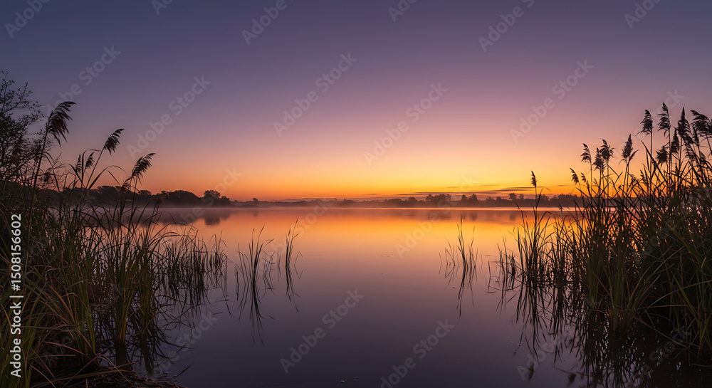 Obraz premium Serene Sunrise over Calm Lake with Reeds and Misty Morning