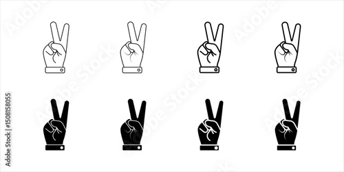 Set hand gesture V sign for victory or peace line art vector icon for apps and websites