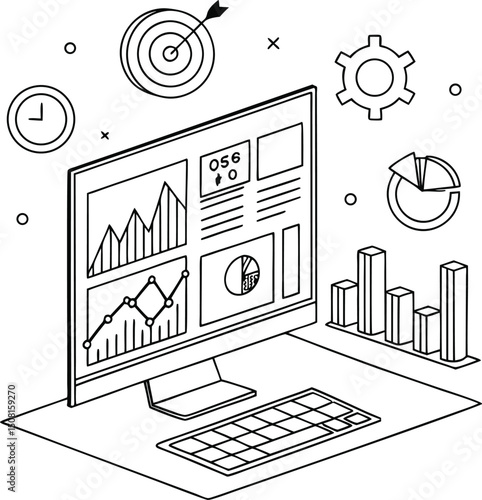 Vector illustration of a business graph on a laptop screen, depicting a line drawing sketch for office project design