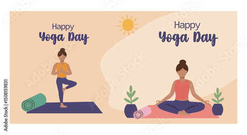 Happy Yoga Day Vector Banner Templates Set - People in Yoga Poses-04