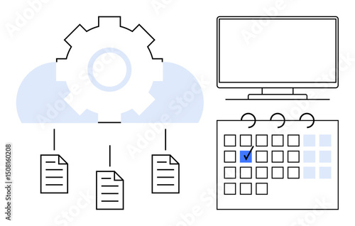 Gear integrated with cloud distributing files, calendar with marked date, monitor screen. Ideal for productivity, time management, automation, planning, efficiency organization workflow. Flat