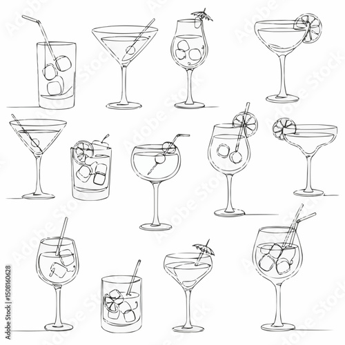 Collection of line art cocktail drawings, various glassware and garnishes