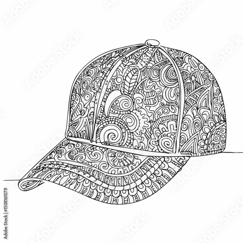 Intricate detailed baseball cap with complex designs, creating a unique artistic piece. The cap features a detailed pattern on its surface.