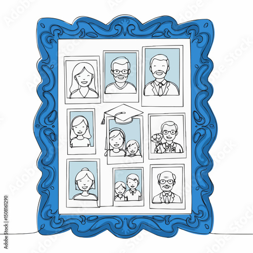 A framed artwork displaying a collection of family portraits. The artwork is presented with blue decorative frames, highlighting various generations captured in individual pictures