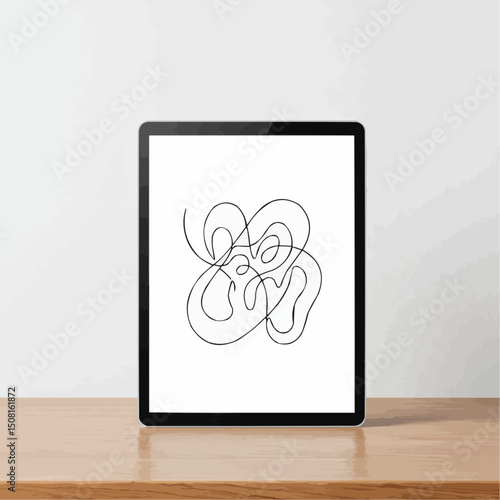 Minimalist modern art on tablet screen resting on a wooden table. This elegant piece showcases abstract lines, exuding simplicity and sophistication.