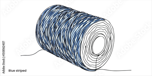 Blue striped cotton bakers twine spool continuous single line art drawing sketch on white background