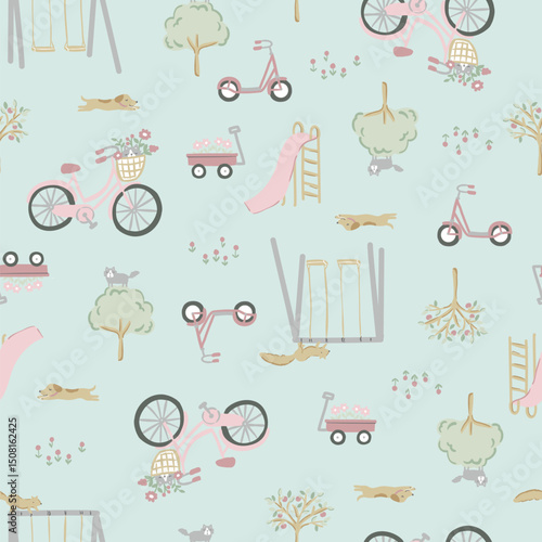 Charming seamless vector pattern of a whimsical park scene featuring bicycles, tricycles, wagons, swings, slides, trees, flowers, and cute animals like dogs and squirrels